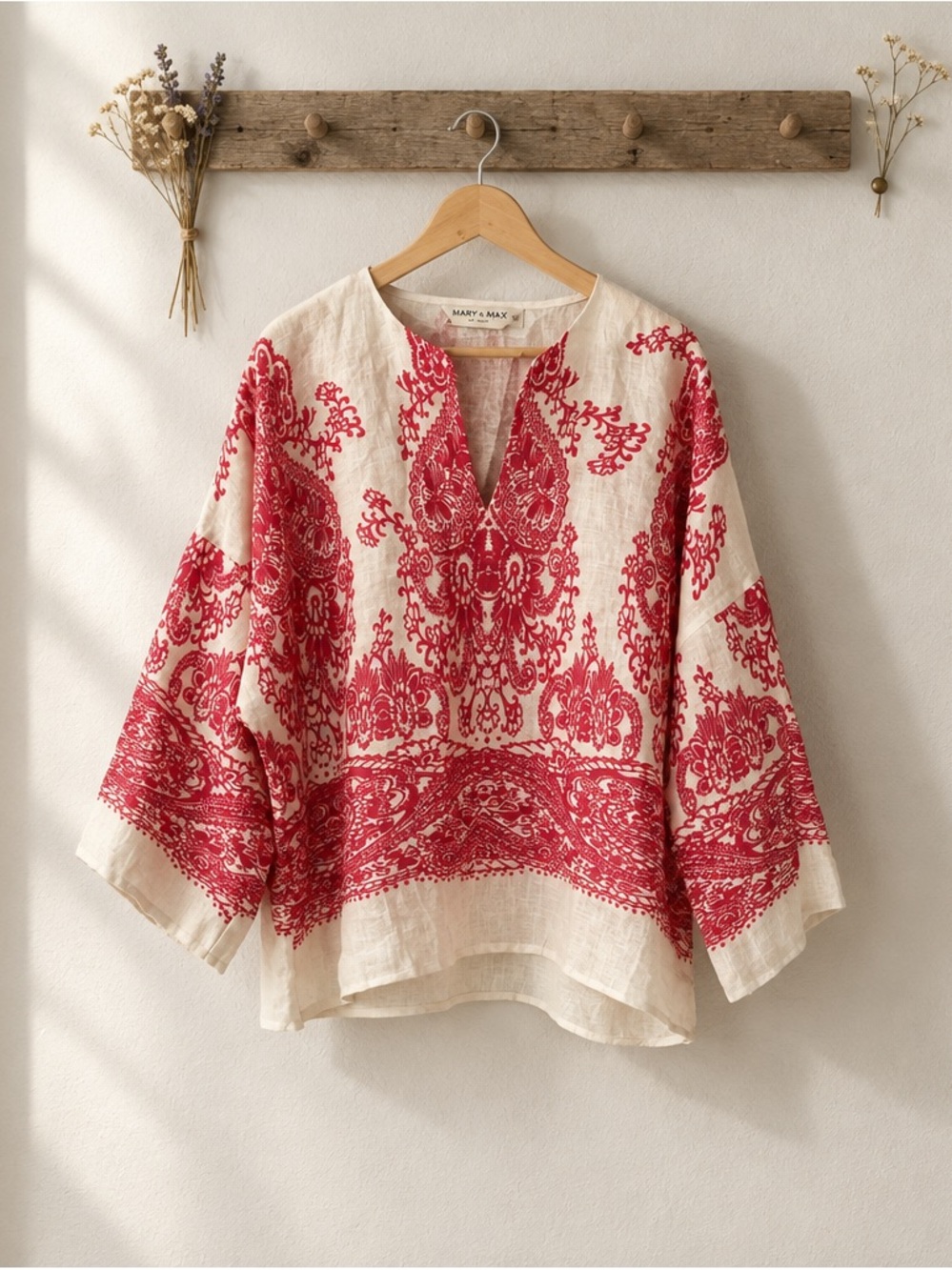 Mary N Max Volmary pink Floral Embroidered Linen Tunic